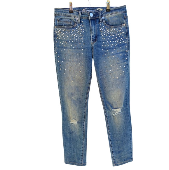 7 for All Mankind pearl embellished size 6 denim jeans tapered leg zip fly 027 - Picture 2 of 11